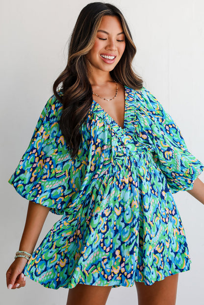Green Abstract Print V Neck Puff Sleeve Smocked Romper