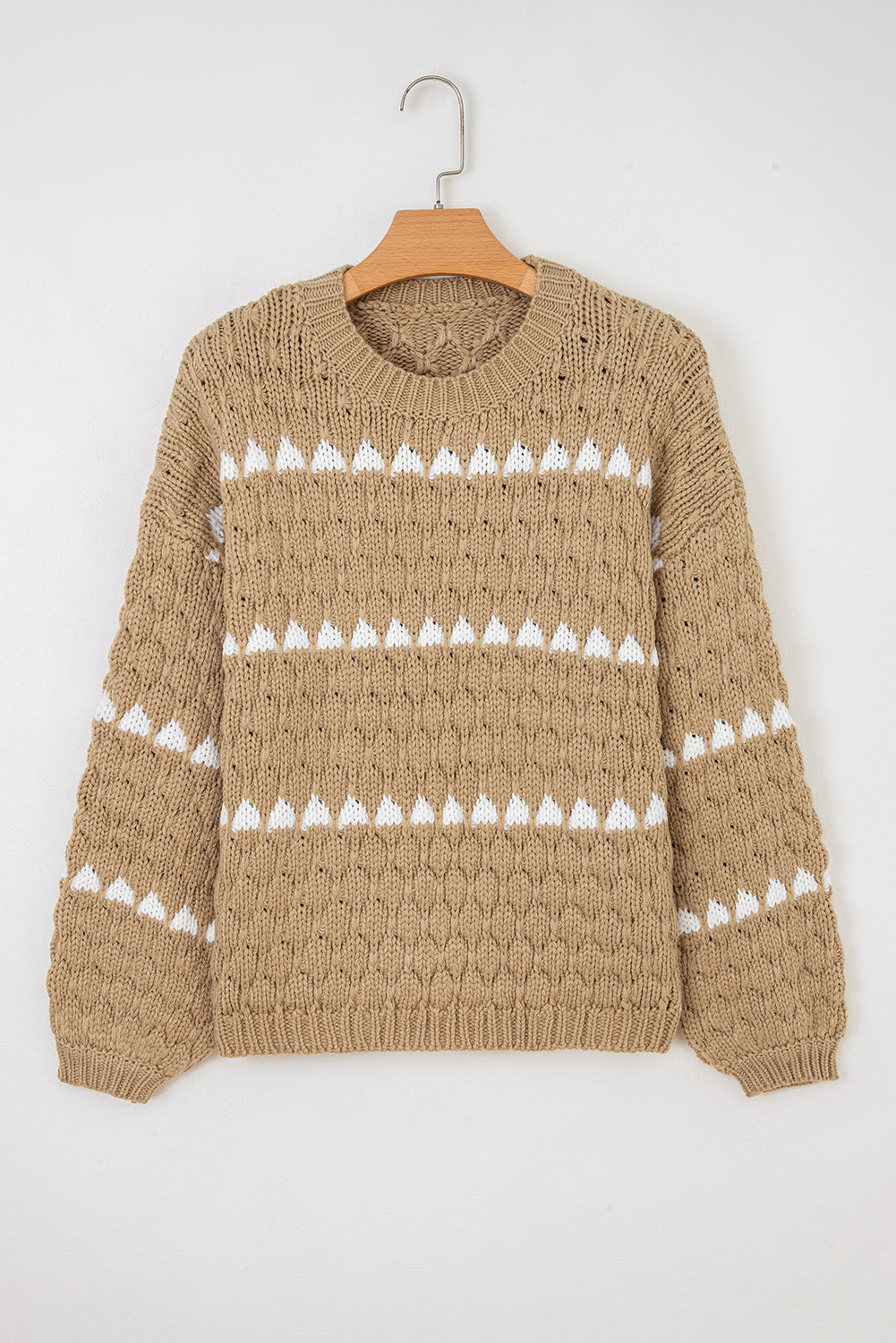 Khaki Textured Knit Sweater Puff Sleeve Loose Fit Pullover