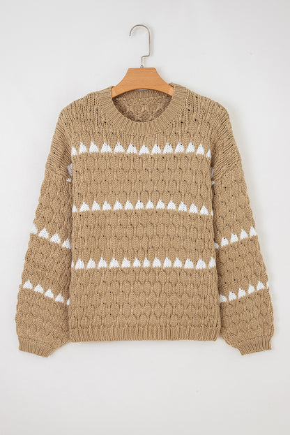 Khaki Textured Knit Sweater Puff Sleeve Loose Fit Pullover