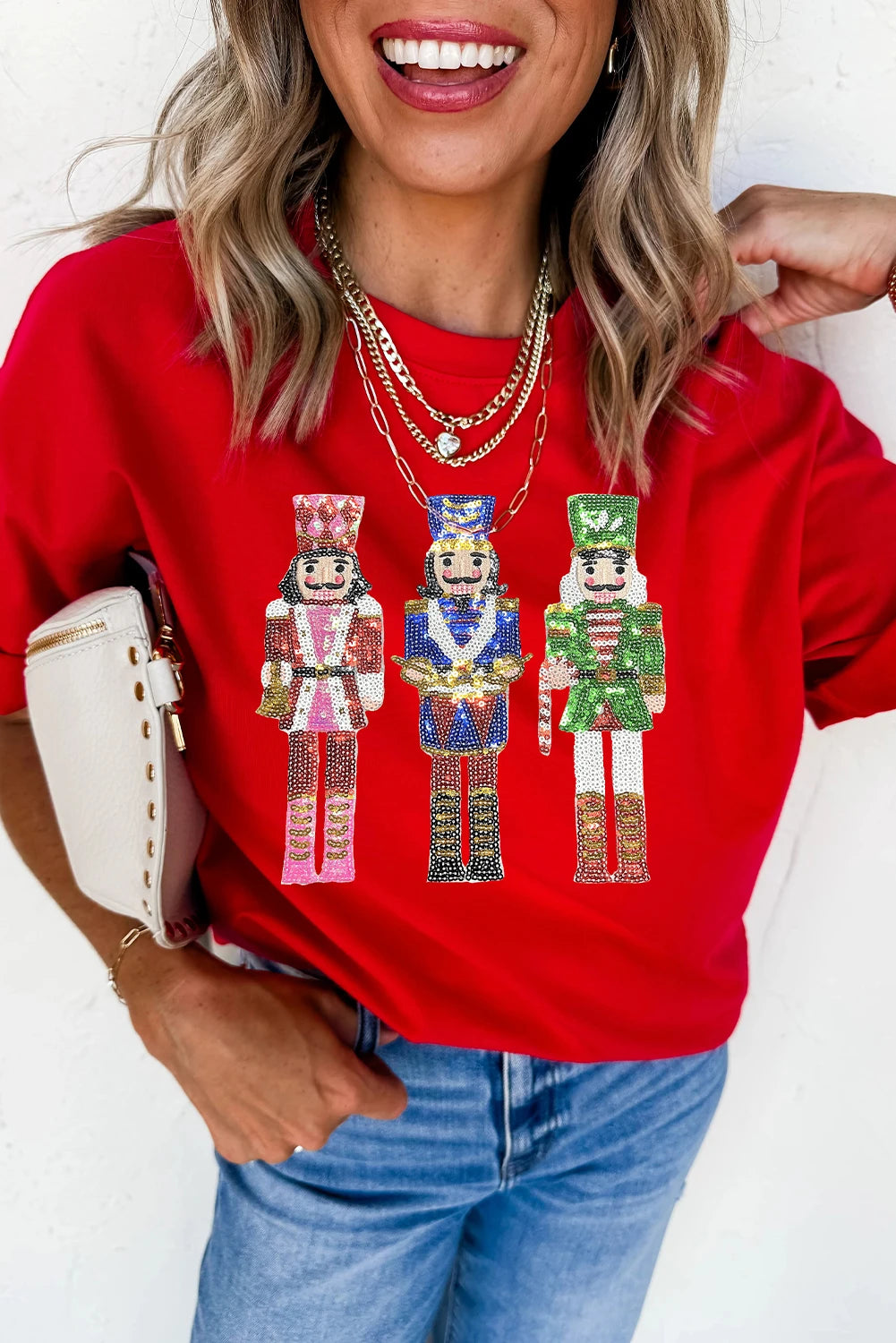 Red Sequined Christmas Graphic Cuffed Short Sleeve T Shirt