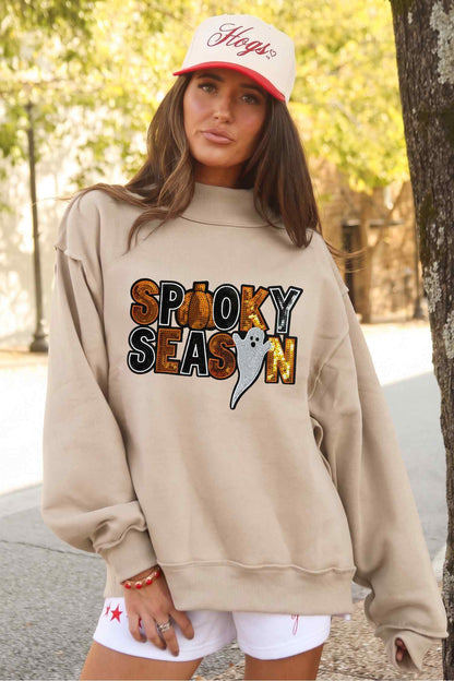 Sequin Spooky Season Ghost Mock Neck Halloween Sweatshirt