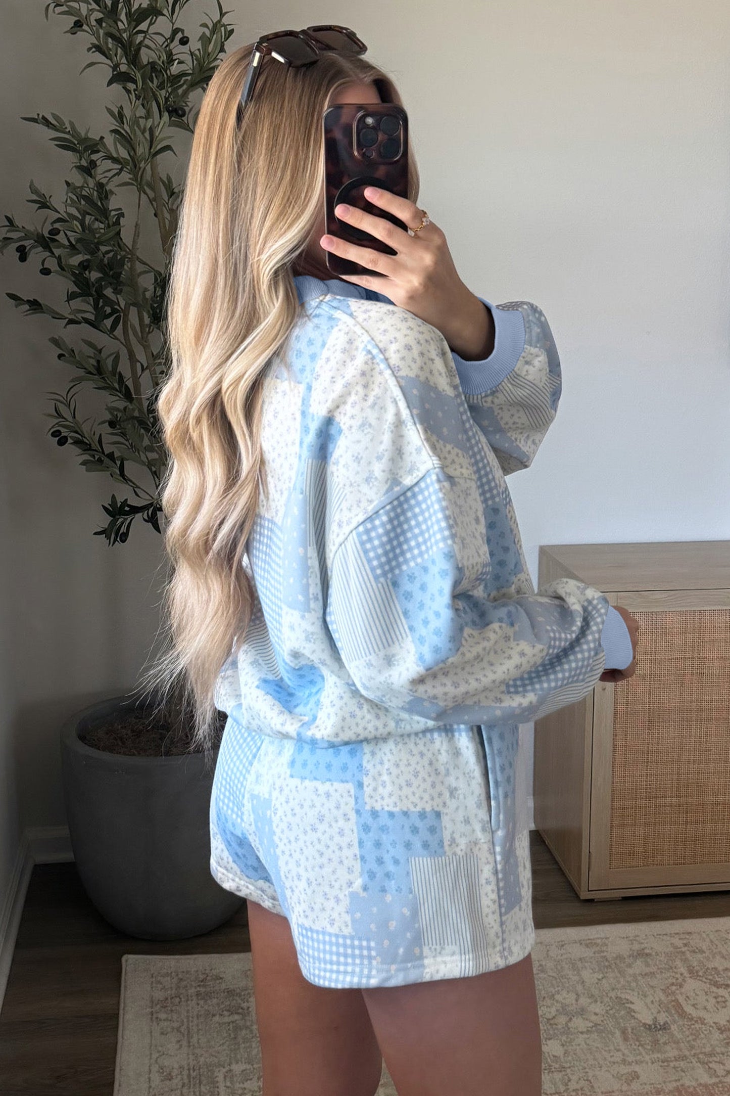Sky Blue Floral Patchwork Pullover Shorts Set