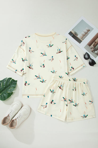 Mallard Duck Print Lounge Set Women Oversized Tee Shorts