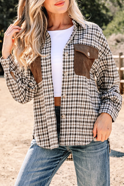 Plaid Shacket with Contrast Corduroy Flap Pockets