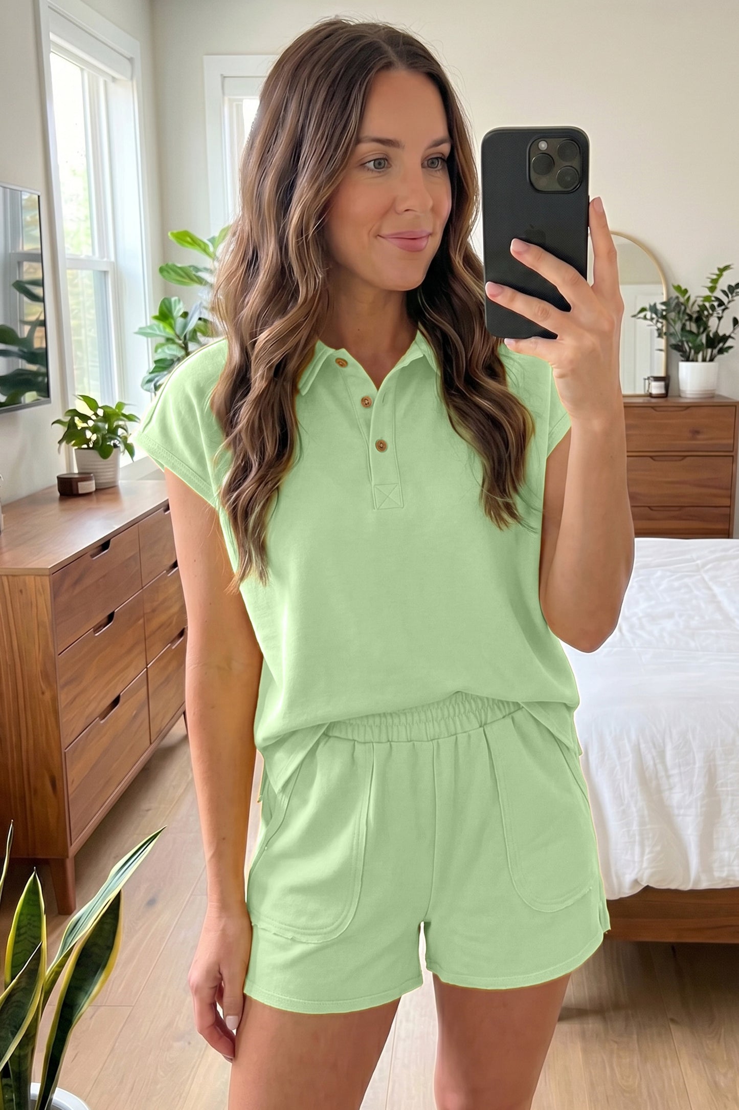 Polo Collar Lounge Set Loose Top and Shorts Outfit
