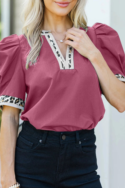 Contrast Leopard Trim Split Neck Puff Sleeve Blouse