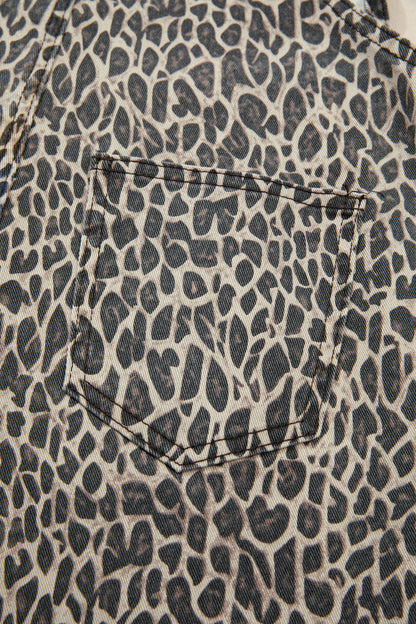 Brown Leopard Print Straight Leg Loose Denim Overall Jumpsuit