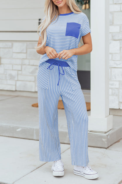 Khaki Stripe Crew Neck Tee Drawstring Waist Cropped Pants Set