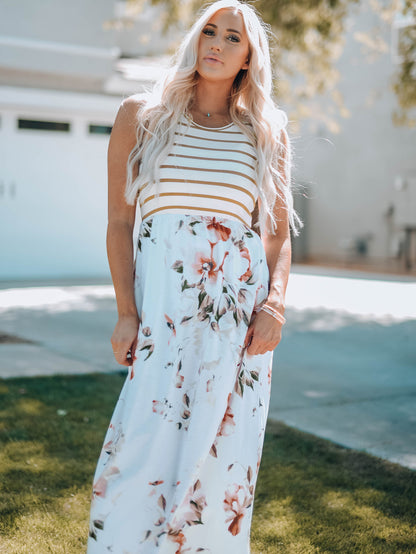 Striped Floral Sleeveless Maxi Dress with Pockets