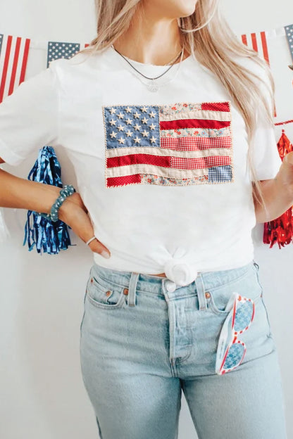 White USA Flag Patchwork Tee Independence Day Top