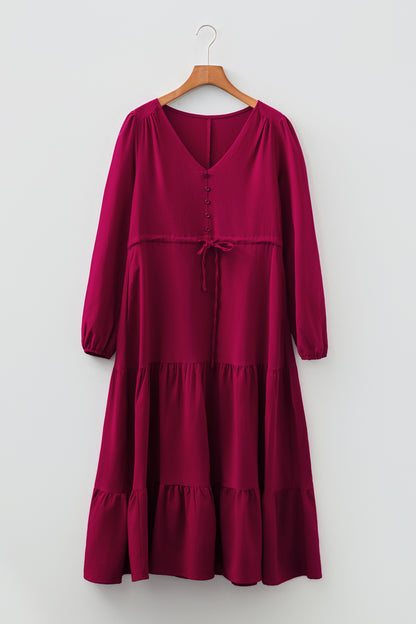 Chestnut Solid Long Sleeve Button V Neck Tiered Maxi Dress