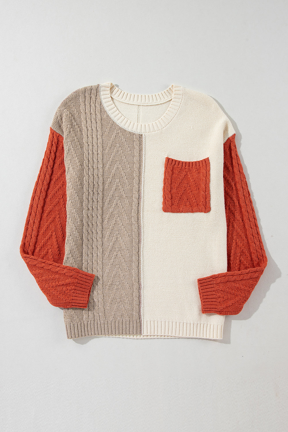 Gold Flame Colorblock Cable Knit Sweater Drop Shoulder