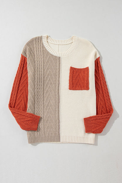 Gold Flame Colorblock Cable Knit Sweater Drop Shoulder