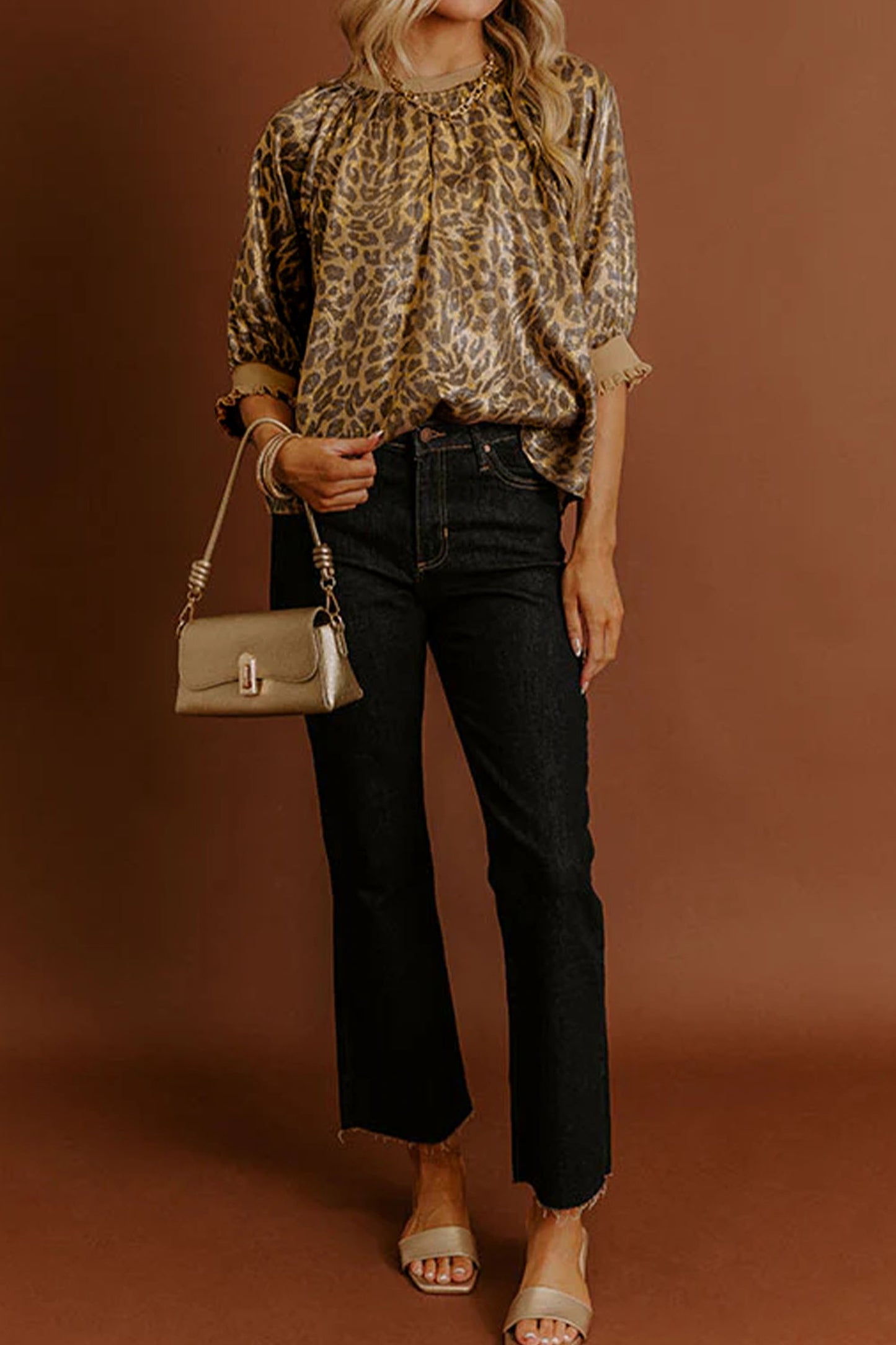 Metallic Leopard Print Puff Sleeve Blouse