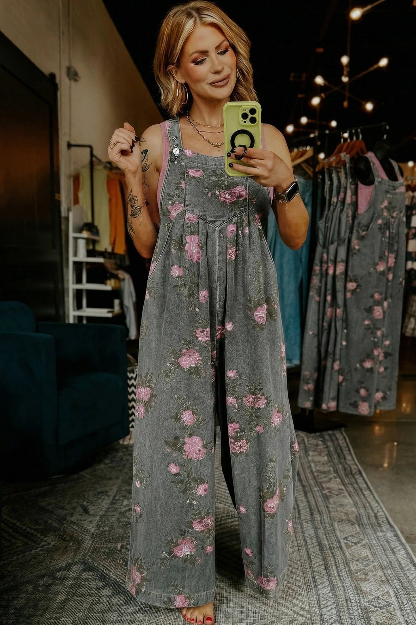 Blue Floral Wide Leg Denim Jumpsuit with Adjustable Straps