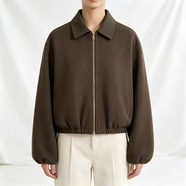 Women's Cropped Zip Polo Collar Jacket Balloon Sleeve