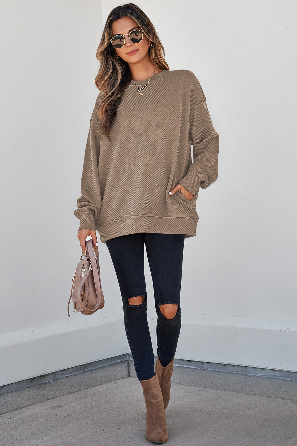 Jungle Green Solid Color Textured Round Neck Drop Shoulder Pullover Sweatshirt