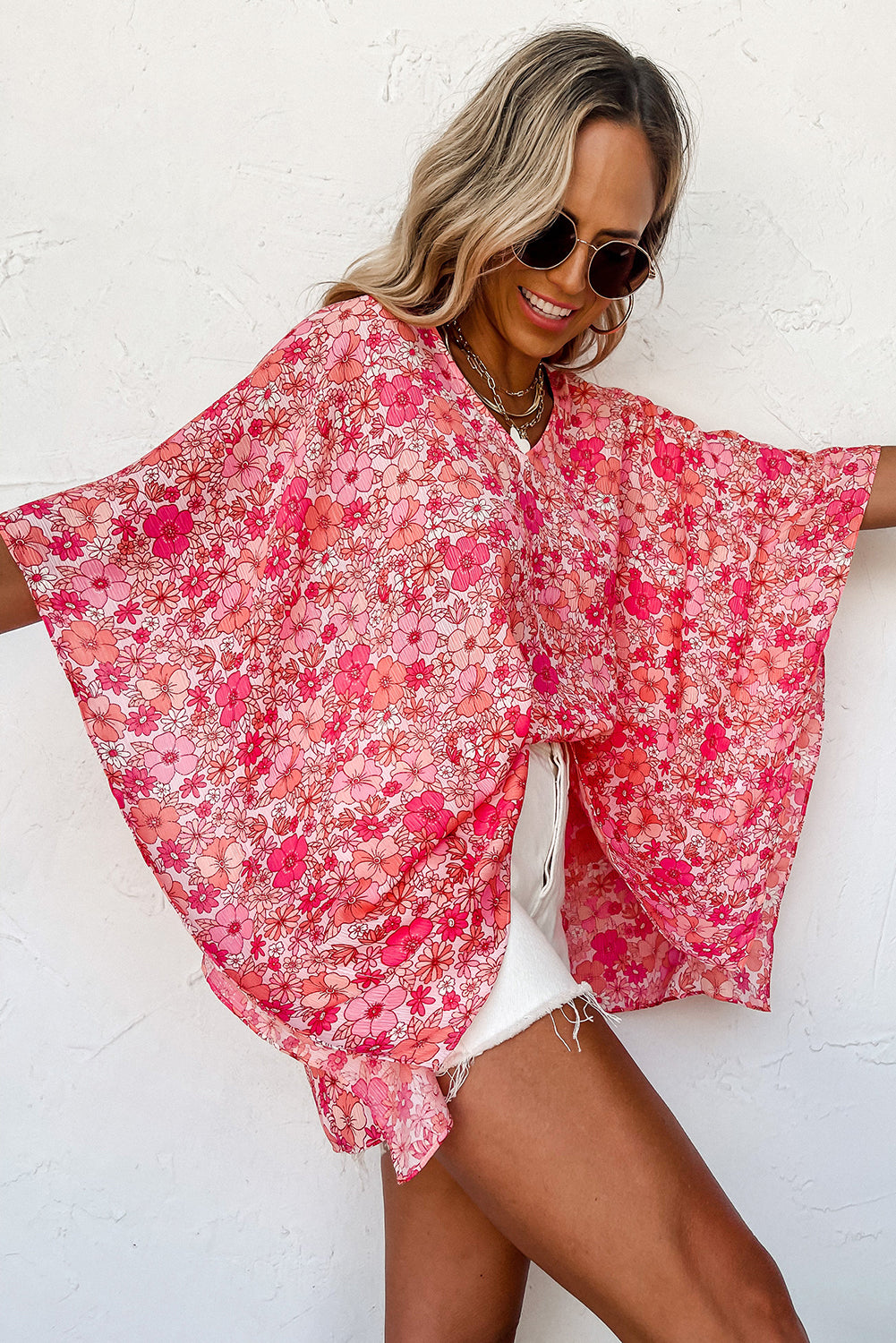 Pink Boho Floral V Neck Kimono Style Blouse