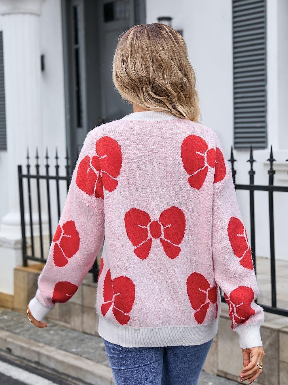 Oversized Bow Knit Sweater - Pink Pullover for Women