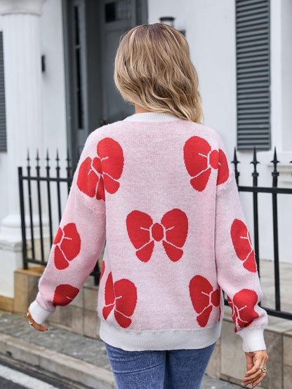 Oversized Bow Knit Sweater - Pink Pullover for Women