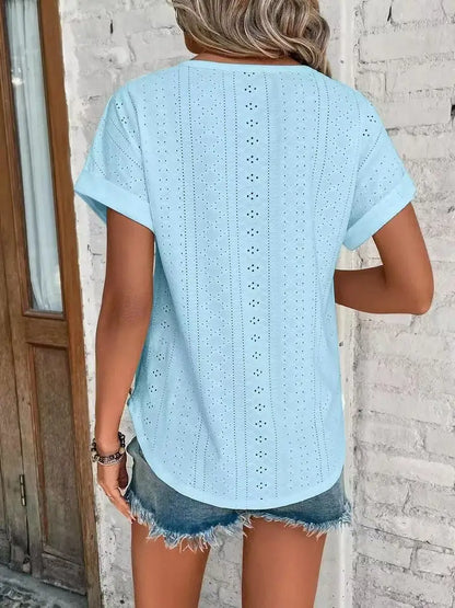 Solid Eyelet Short Sleeve Tee Loose Fit Casual Summer Top
