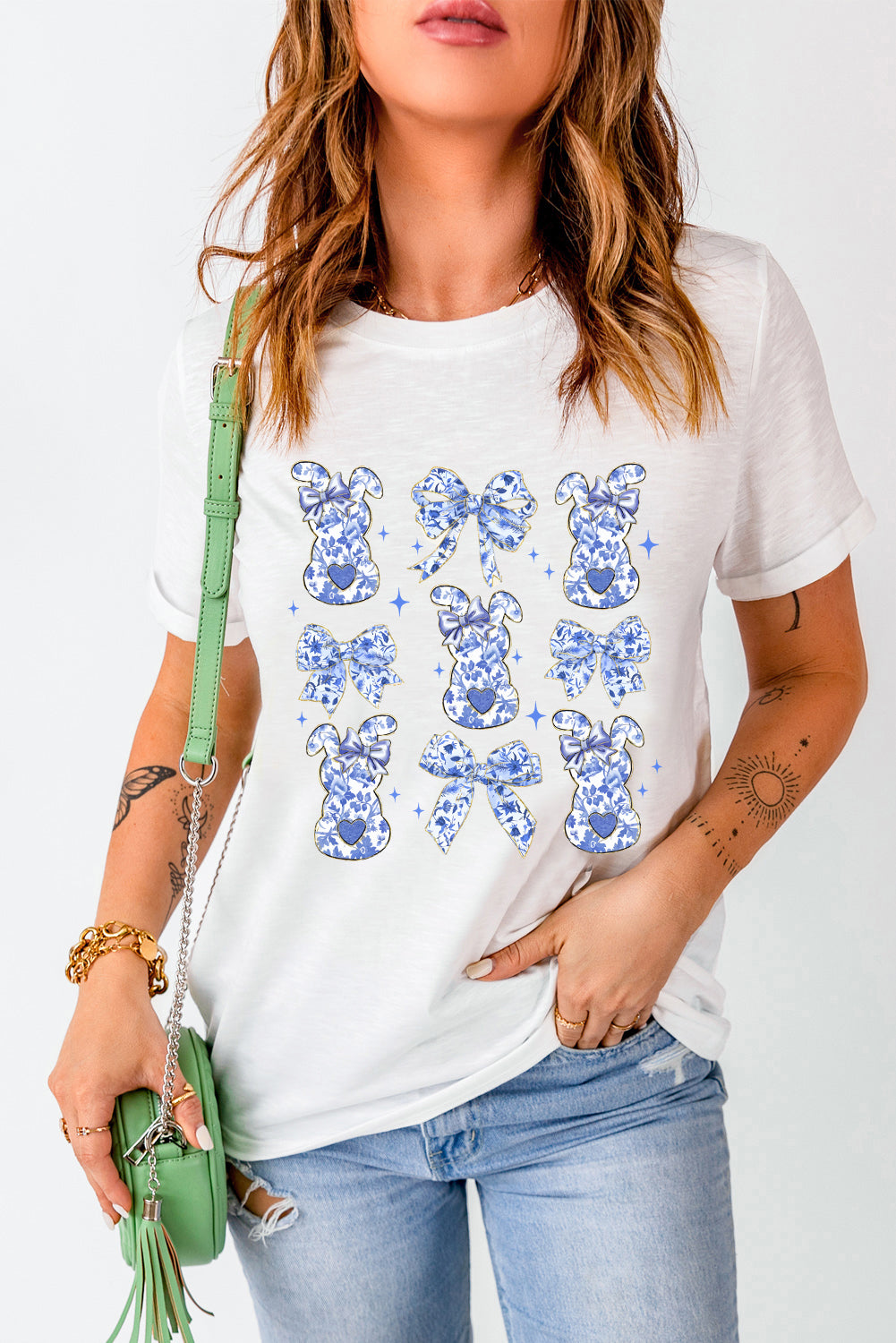 Easter Blue Floral Bunny Bow Graphic Spring Casual Tee