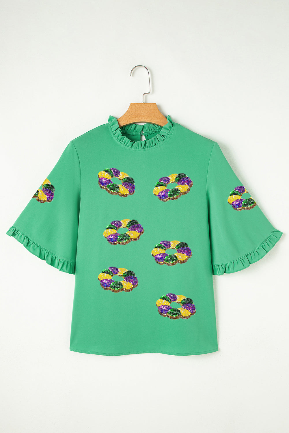 Green Mardi Gras Sequin Beads Ruffle Bell Sleeve Blouse