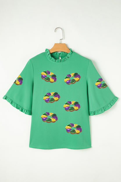 Green Mardi Gras Sequin Beads Ruffle Bell Sleeve Blouse