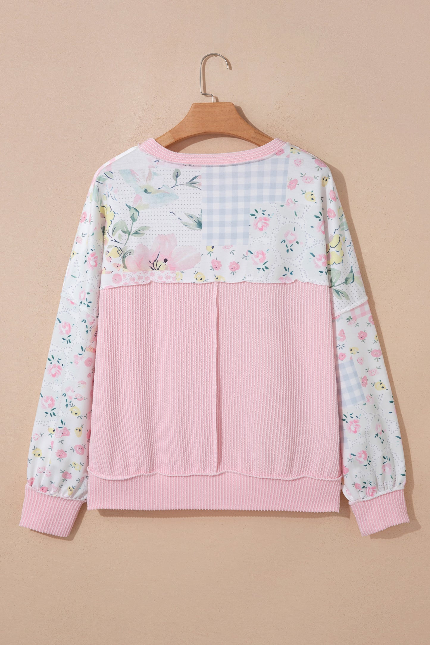 Pink Twisted Ribbed Trim Floral Print Patchwork Long Sleeve Top