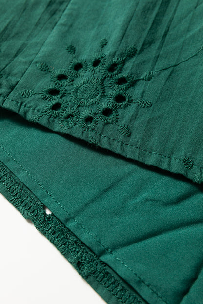 Green Eyelet Embroidered Puff Sleeve Babydoll Mini Dress