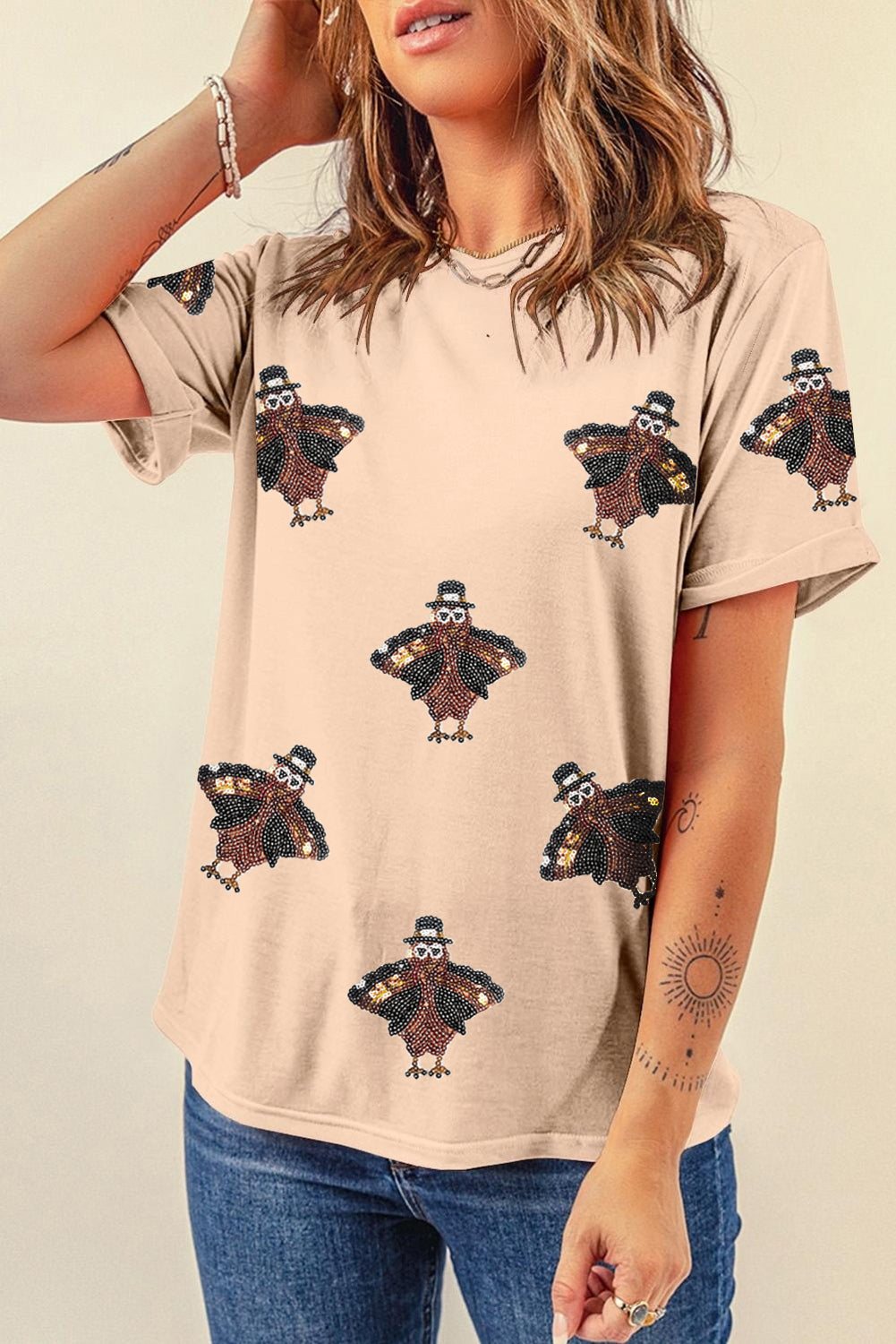 Khaki Sequined Turkey Graphic Crewneck Thanksgiving Tee