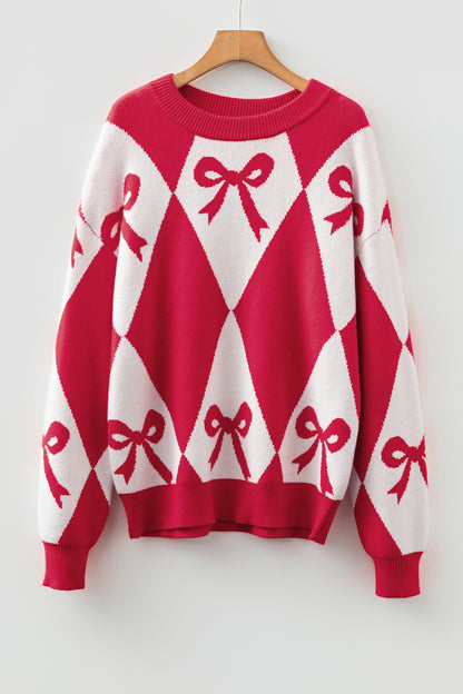 Valentine Black Bow Argyle Oversized Knit Sweater