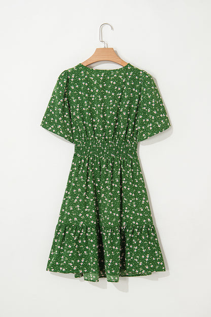 Boho Floral V Neck Smocked Waist Mini Dress