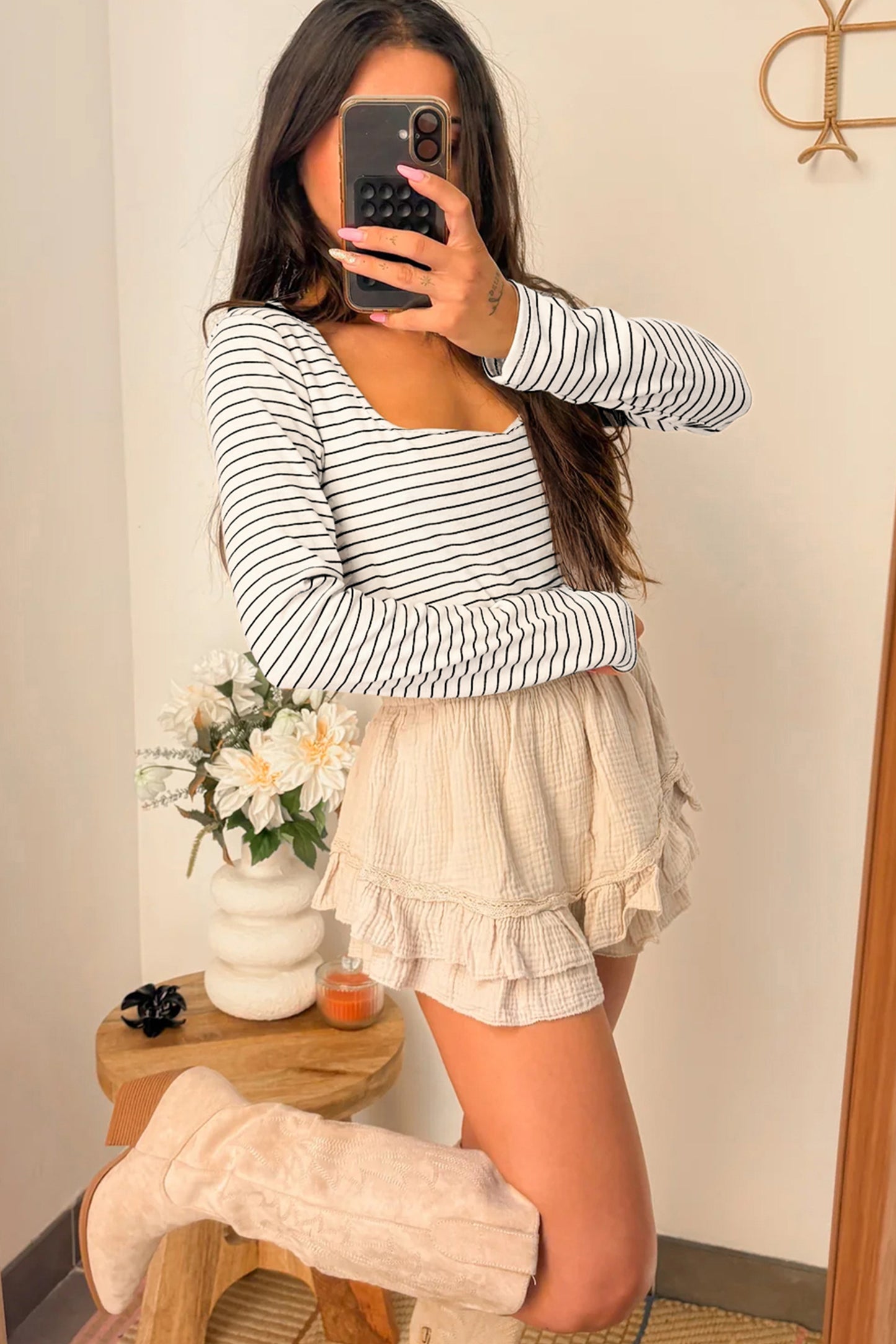 Striped Square Neck Long Sleeve Stretch Knit Top for Women