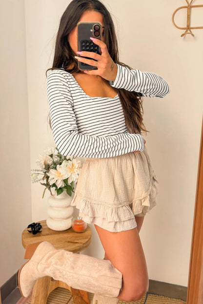 Striped Square Neck Long Sleeve Stretch Knit Top for Women
