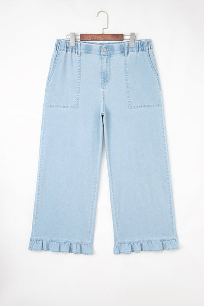 Sail Blue Plus Size Elastic Waist Ruffle Hem Jeans