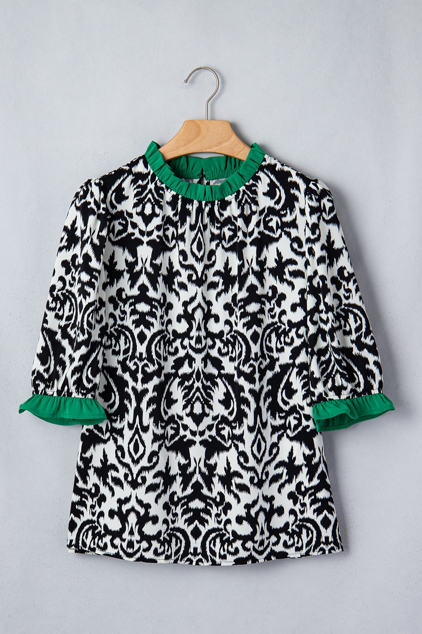 Damask Print Ruffle Trim Half Sleeve Casual Blouse