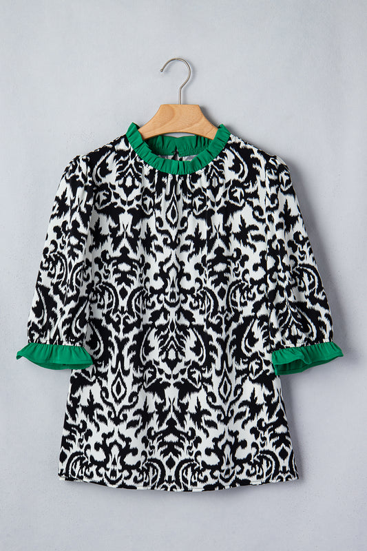 Damask Print Ruffle Trim Half Sleeve Casual Blouse