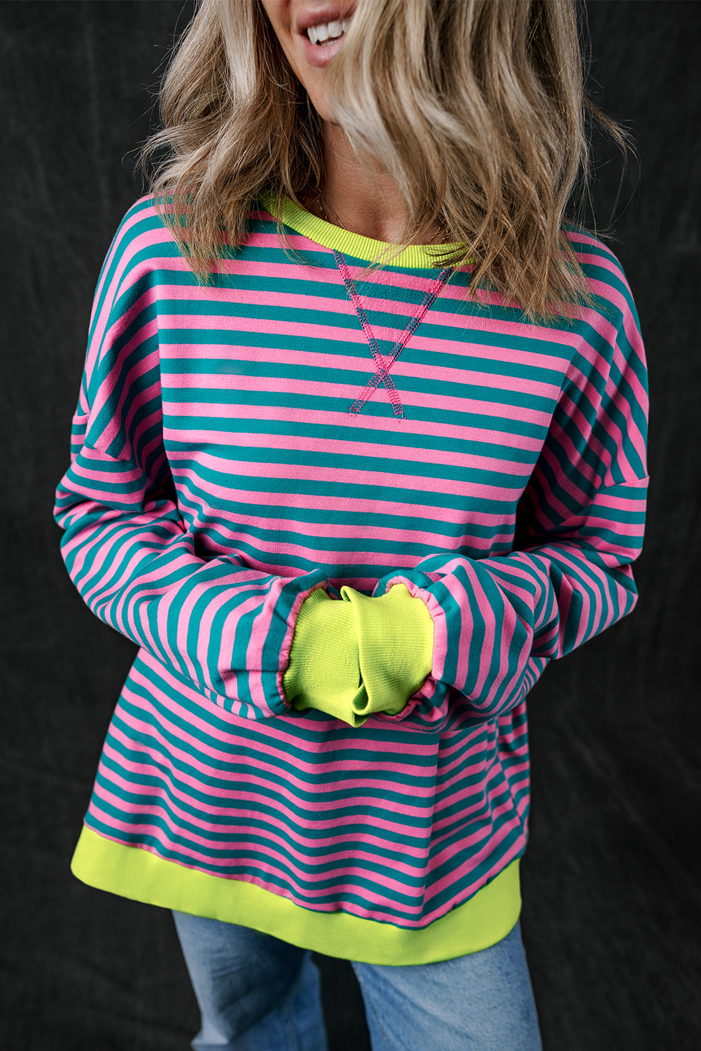 Sky Blue Stripe Oversized Contrast Trim Pullover Sweatshirt