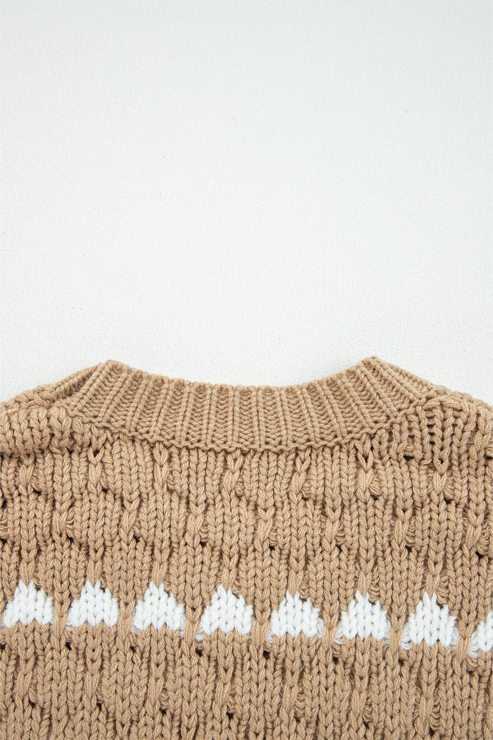 Khaki Textured Knit Sweater Puff Sleeve Loose Fit Pullover