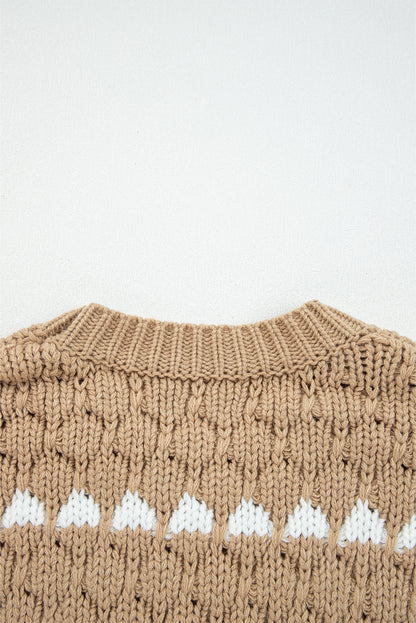 Khaki Textured Knit Sweater Puff Sleeve Loose Fit Pullover