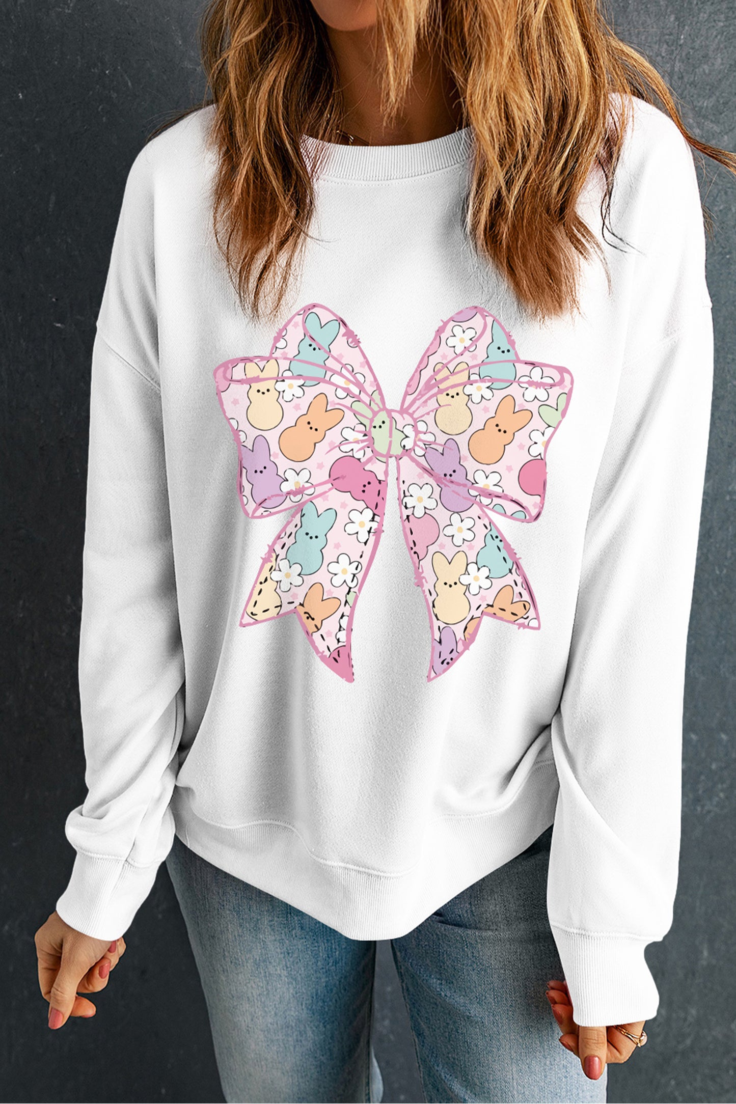 Easter Bunny Bow Graphic White Casual Sweatshirt