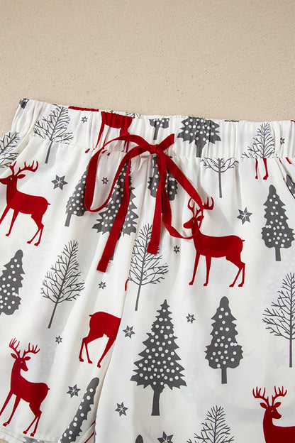 Red Reindeer Christmas Print Long Sleeve Pajama Shorts Set