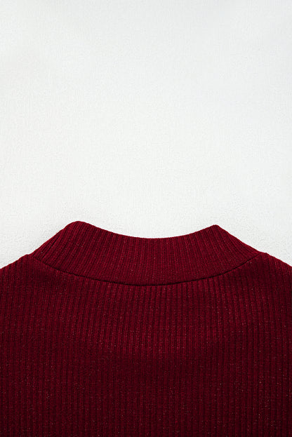 Red Metallic Ribbed Knit Long Sleeve Slim Fit Top