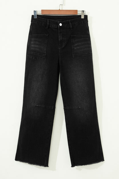 High Waisted Cropped Straight Leg Jeans Raw Hem Denim