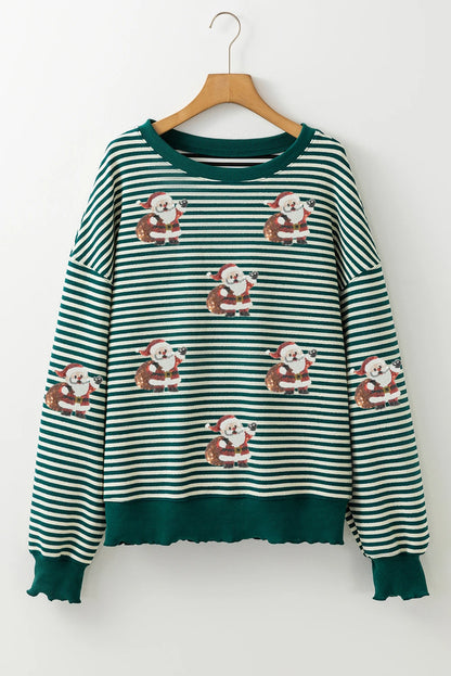 Green Stripe Santa Claus Delivering Gifts Sequin Graphic Long Sleeve Top