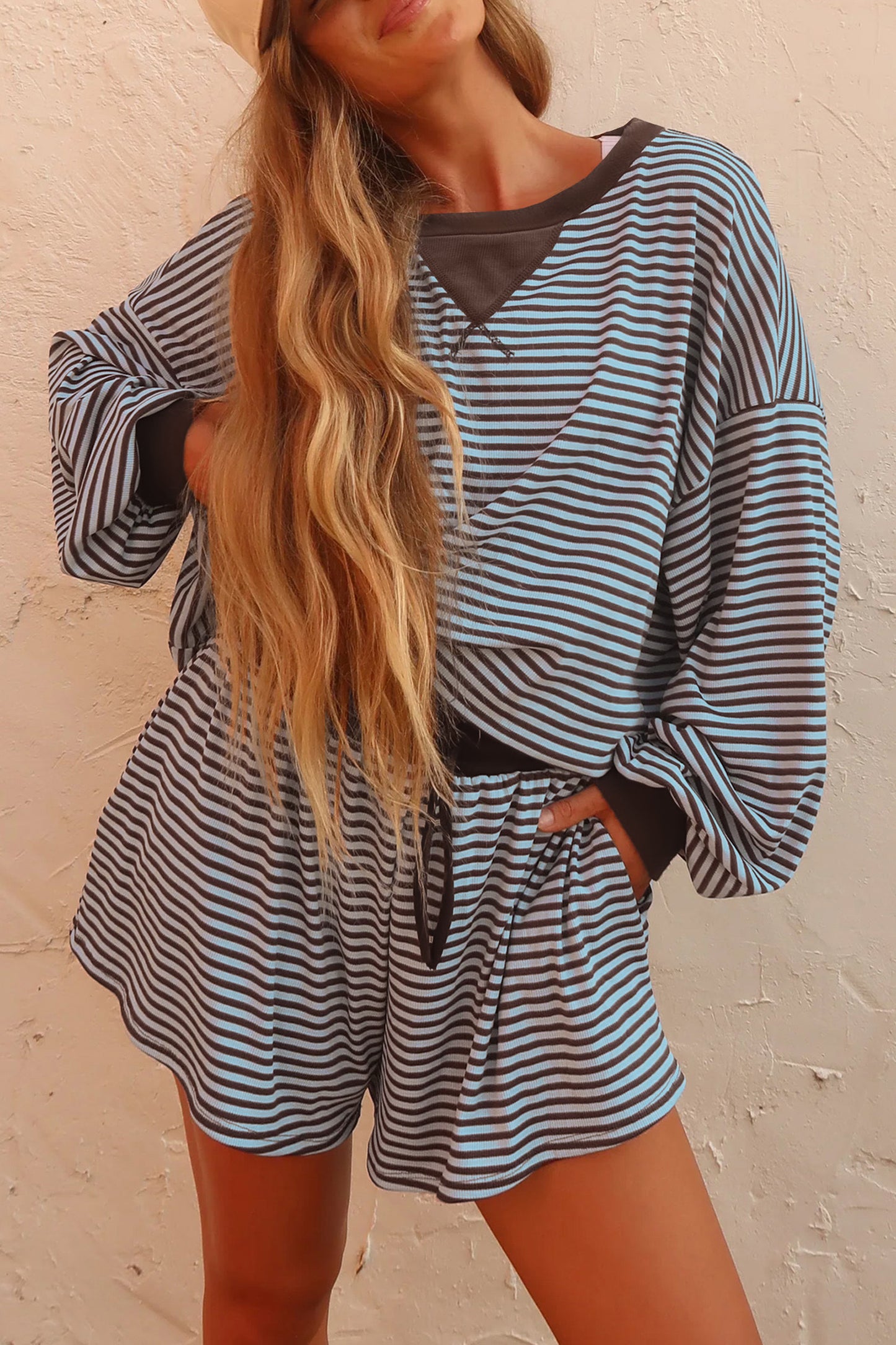 Women's Striped Oversized Contrast Trim 2-Piece Set