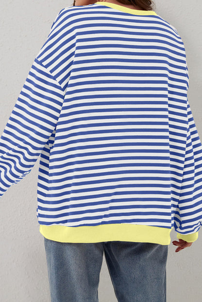 Sky Blue Stripe Oversized Contrast Trim Pullover Sweatshirt