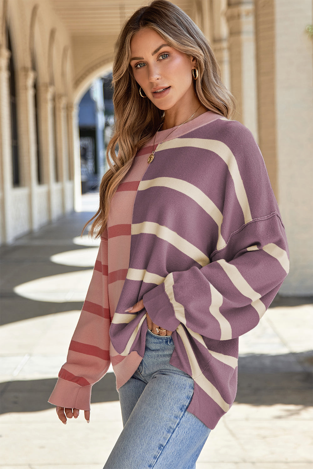 Neutral Colorblock Knit Sweater – Oversized Fit Pullover