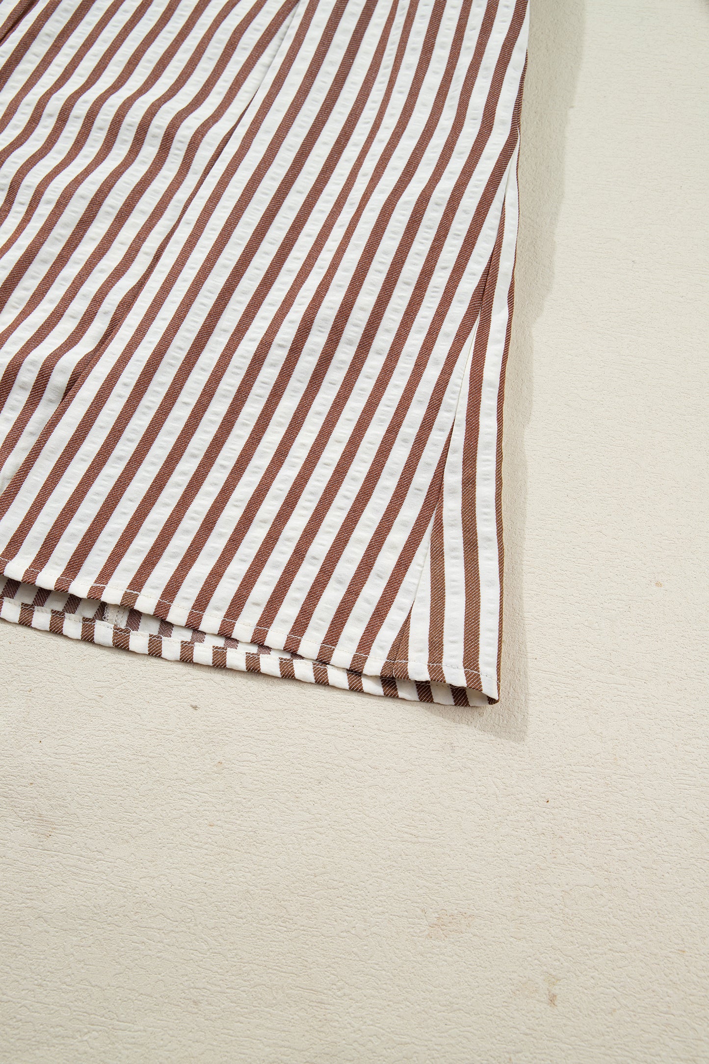 Brown Stripe Knot Waist Puff Sleeve Button Down Shirt Dress